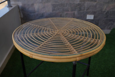 Outdoor Bamboo Round Table – Handcrafted Rattan Top with Black Metal Legs