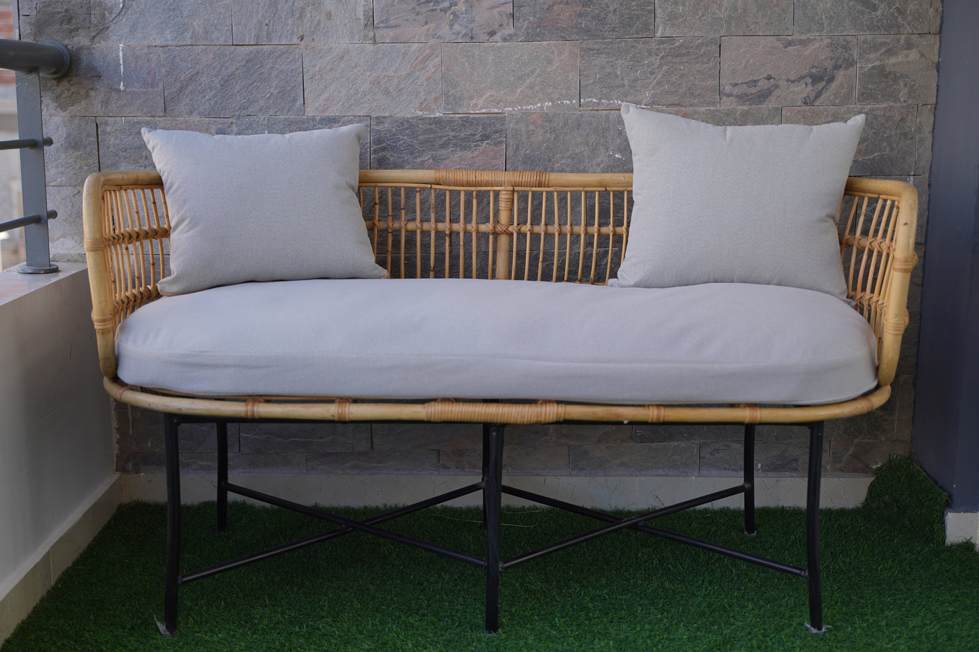 Boho Bamboo Two-Seater Sofa – Handmade Rattan Bench for Balcony or Living Room