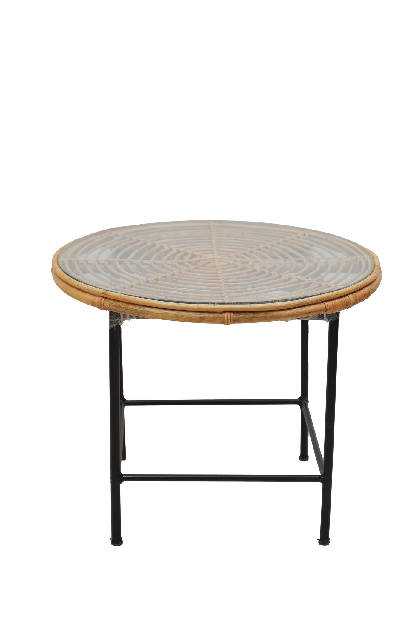 Outdoor Bamboo Round Table – Handcrafted Rattan Top with Black Metal Legs