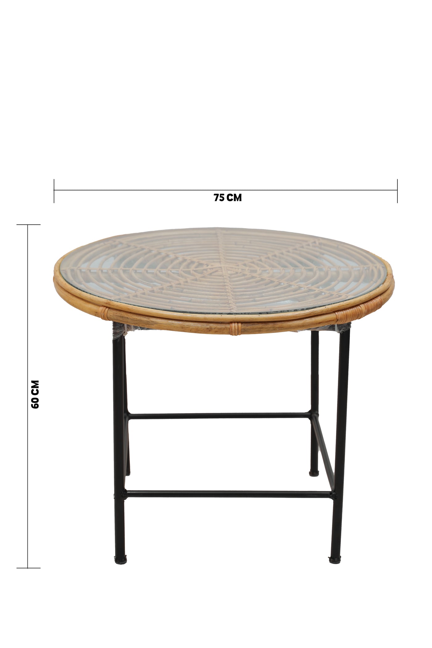 Outdoor Bamboo Round Table – Handcrafted Rattan Top with Black Metal Legs