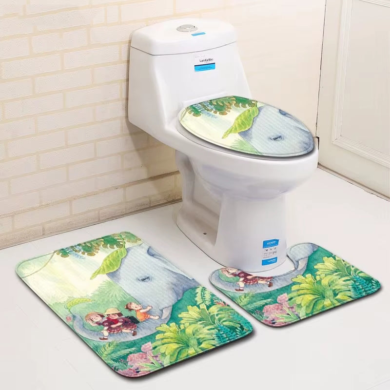 Printed Velvet Bathroom Rugs 3-Piece Set – Anti-Slip & Absorbent
